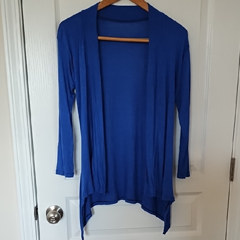 Cobalt Blue Draped Open Front Cardigan Asymmetrical Hem Lightweight Knit XS S